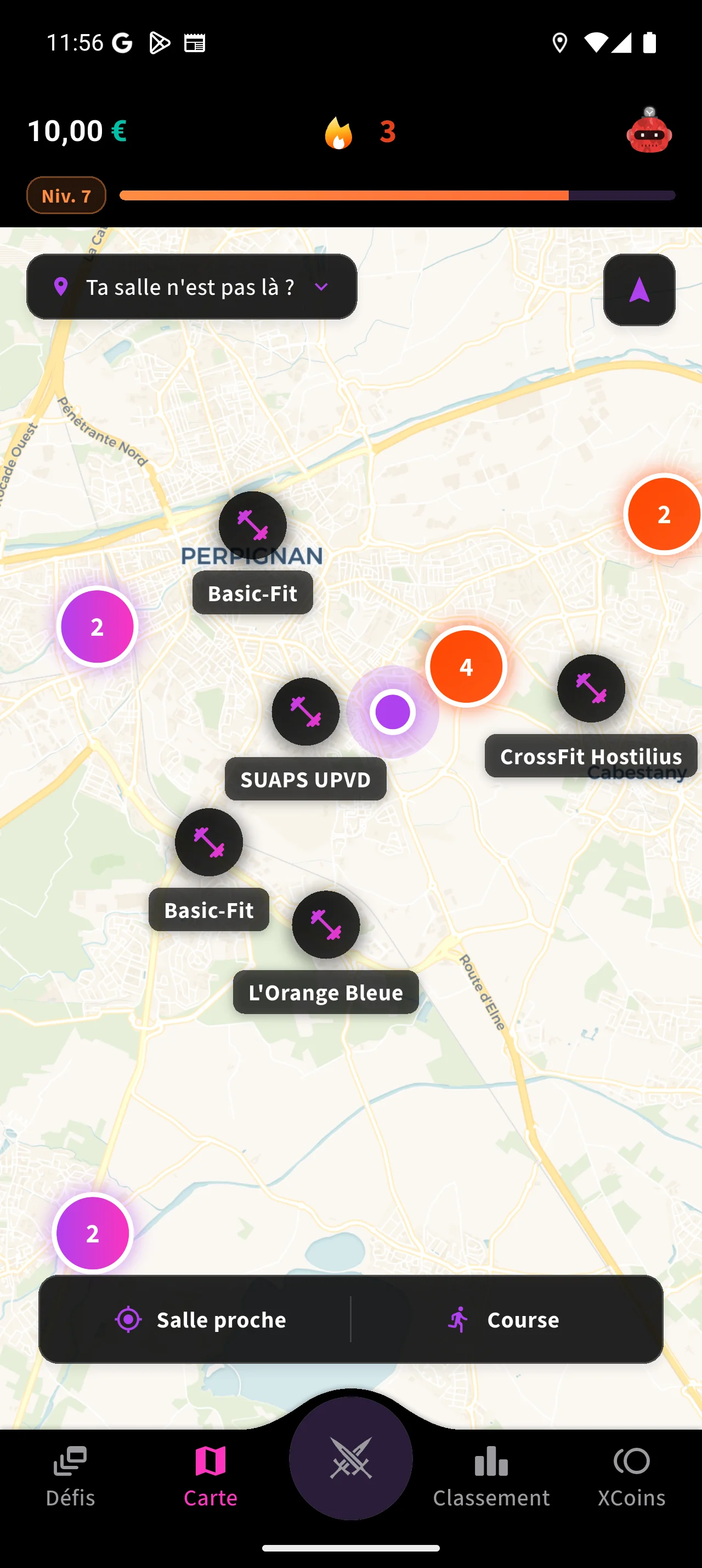 Carte ChallengeX affichant des salles de sport autour de Perpignan