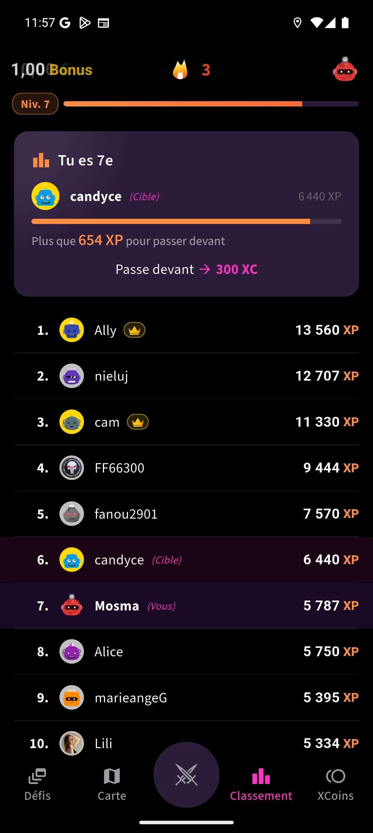 Classement ChallengeX avec progression XP et rivalité entre utilisateurs
