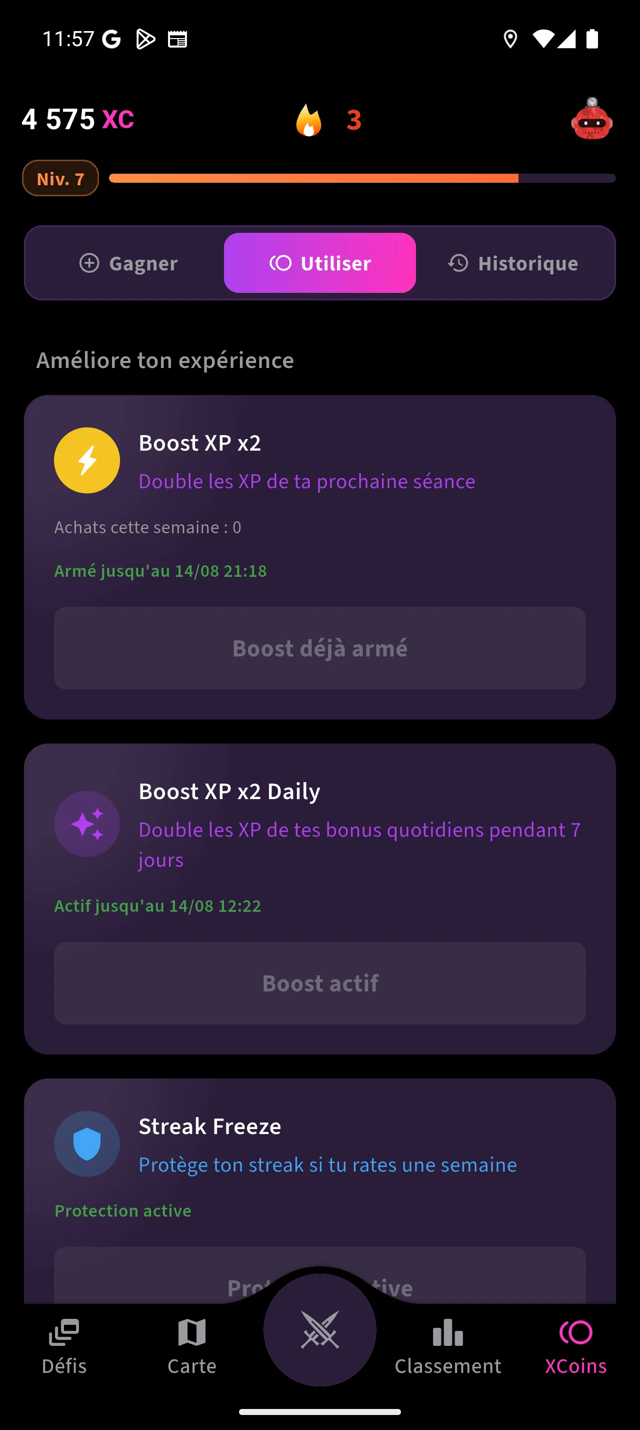 Écran XCoins de ChallengeX présentant des bonus de progression